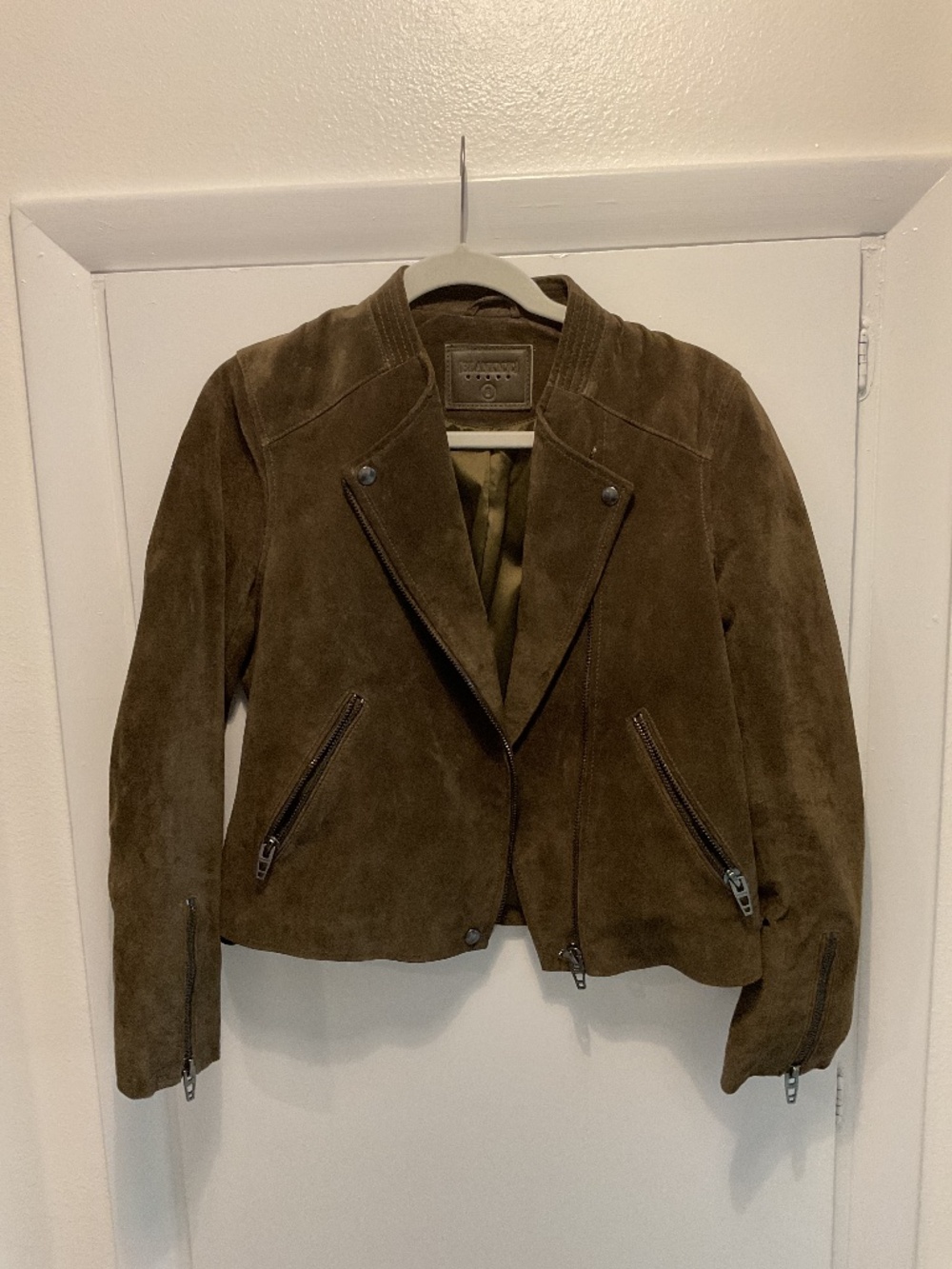 Blank NYC Suede Moto Jacket, Olive Green, Size Small